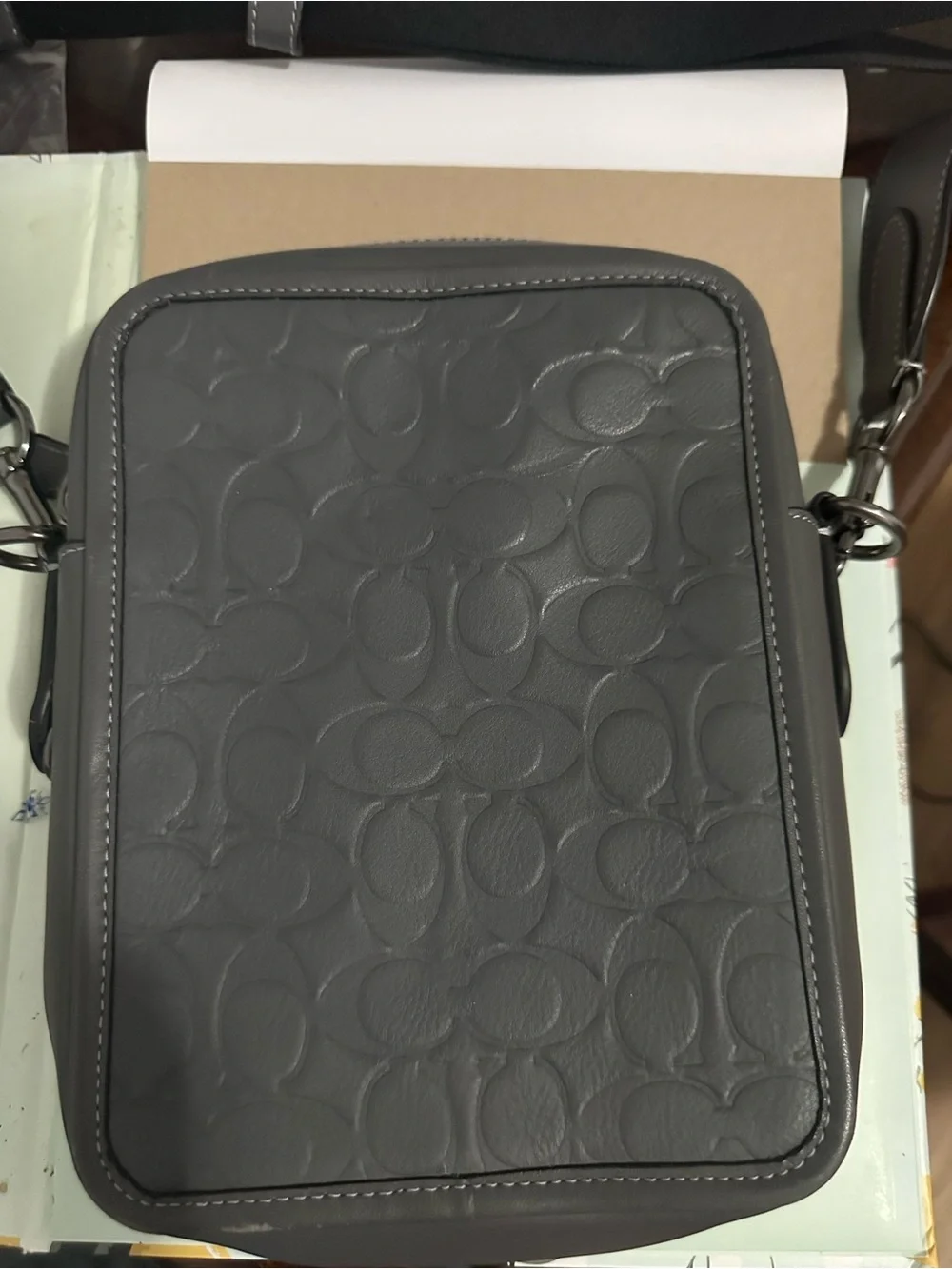 Coach Gray Embossed Signature Leather Messenger Crossbody
